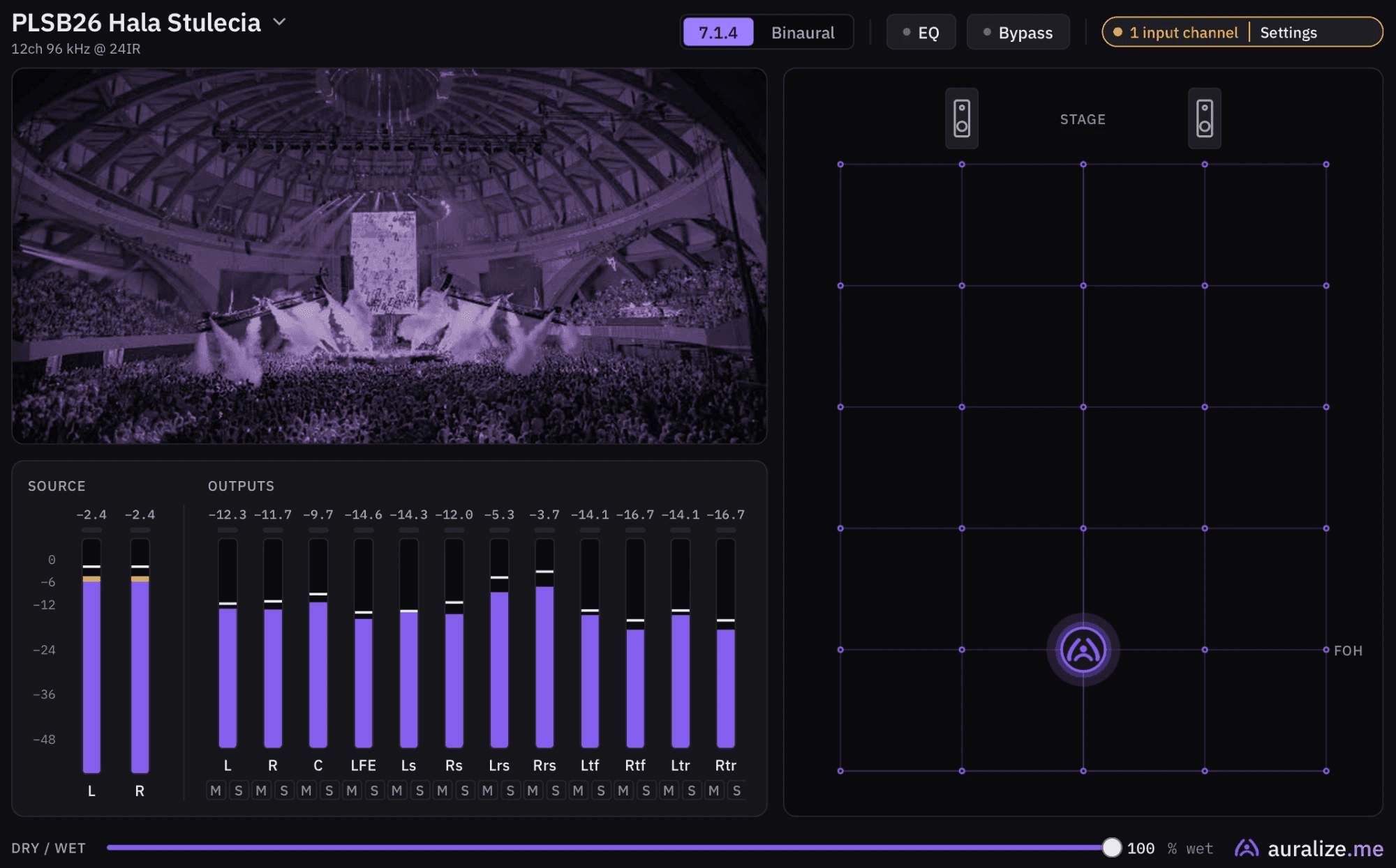 The auralize.me interface: a photo of Centennial Hall, 7.1.4 channel meters and a stage map