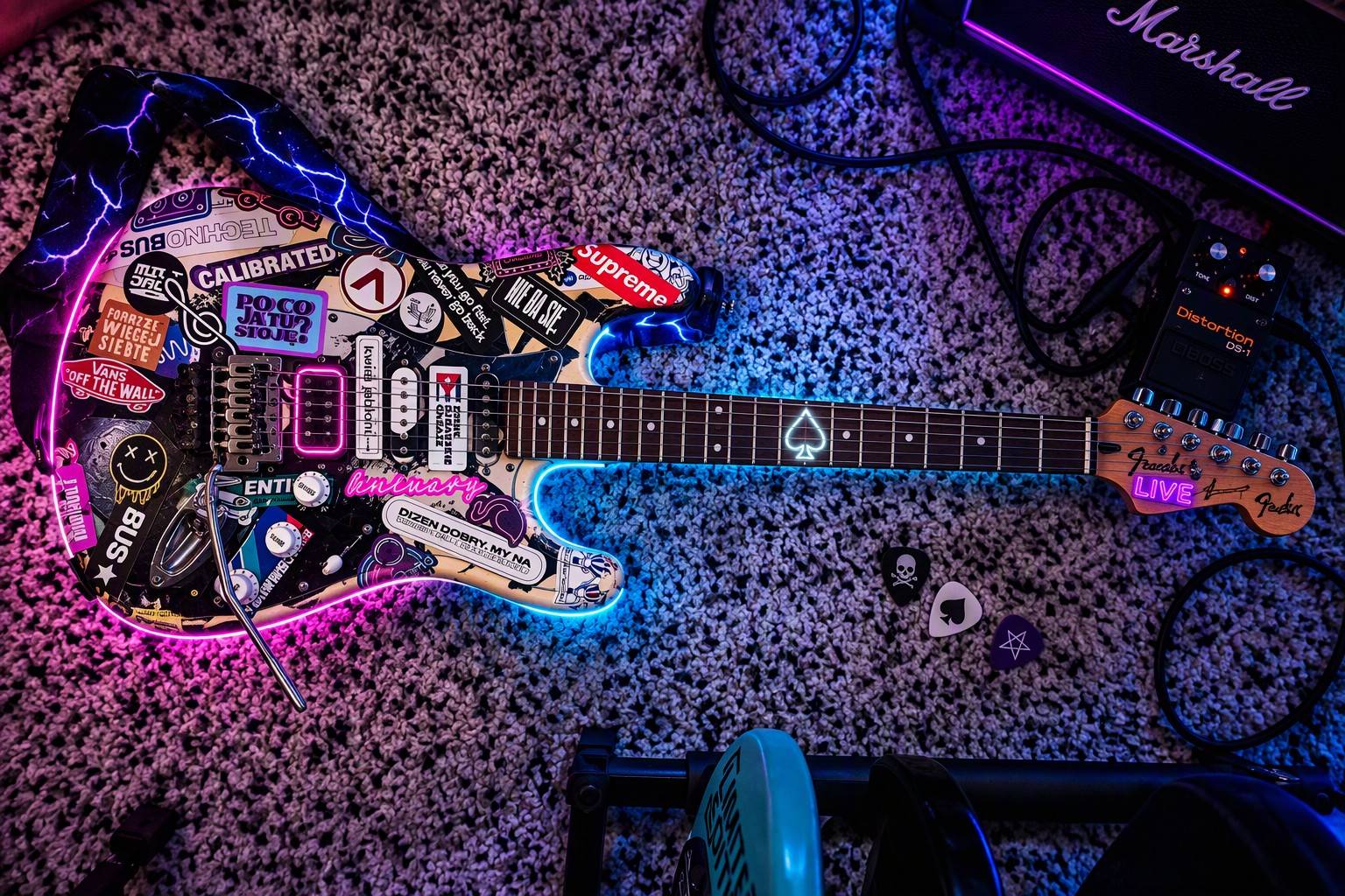 A sticker-covered electric guitar with neon edge lighting, next to a Boss DS-1 pedal and a Marshall amp