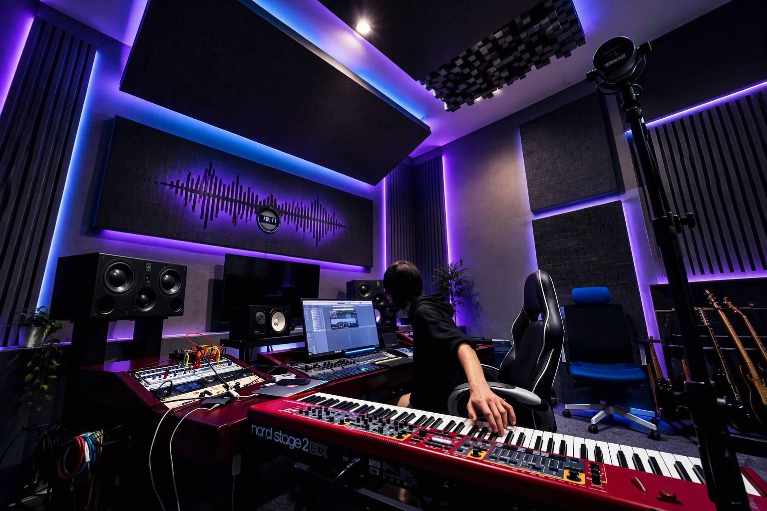 The studio in purple light: an engineer at the desk, a Nord Stage 2 EX keyboard in the foreground
